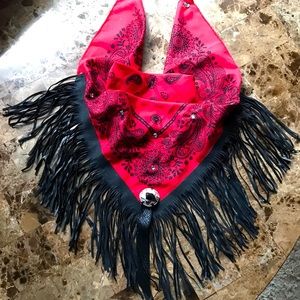 Red Bandana with Black Fringe, Clear Prong set Rhinestones and a Concho 🧣